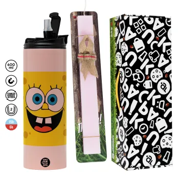 Μπομπ, Πασχαλινή Λαμπάδα με  ΡΟΖ Travel Tumbler θερμό (600ml, BPA free) & κερί αρωματικό πλακέ (30cm) (ΡΟΖ)
