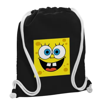 Μπομπ, Τσάντα πλάτης πουγκί GYMBAG Μαύρη, με τσέπη (40x48cm) & χονδρά λευκά κορδόνια