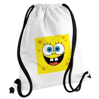 Μπομπ, Τσάντα πλάτης πουγκί GYMBAG λευκή, με τσέπη (40x48cm) & χονδρά κορδόνια