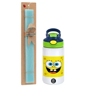 BOB, Easter Set, Children's thermal stainless steel bottle with safety straw, green/blue (350ml) & aromatic flat Easter candle (30cm) (TURQUOISE)