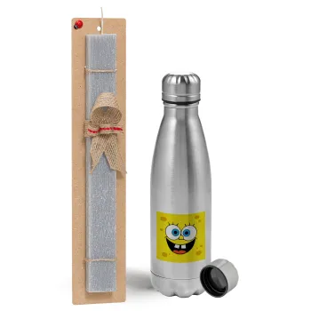 BOB, Easter Set, metallic Inox water bottle (750ml) & aromatic flat Easter candle (30cm) (GRAY)