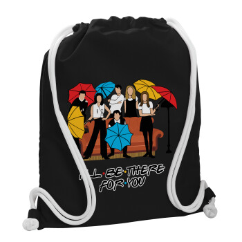 Friends cover, Τσάντα πλάτης πουγκί GYMBAG Μαύρη, με τσέπη (40x48cm) & χονδρά λευκά κορδόνια