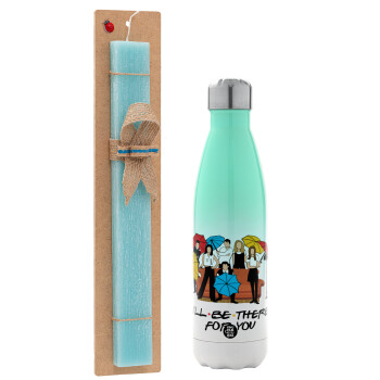 Friends cover, Easter Set, Metallic green/white thermos (Stainless steel), double-walled, 500ml & scented flat Easter candle (30cm) (TURQUOISE)