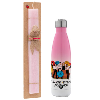 Friends cover, Easter Set, Metallic pink/white (Stainless steel) thermos, double-walled, 500ml & aromatic flat Easter candle (30cm) (PINK)
