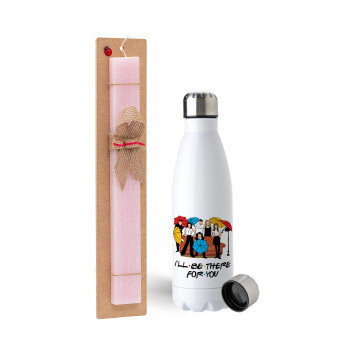 Friends cover, Easter Set, metallic stainless steel water bottle (750ml) & scented flat Easter candle (30cm) (PINK)
