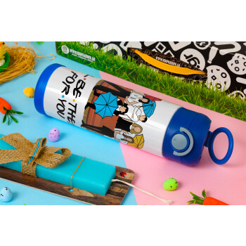 Friends cover, Easter candle, Childrens hot water bottle, stainless steel, with safety straw, BLUE (500ml)