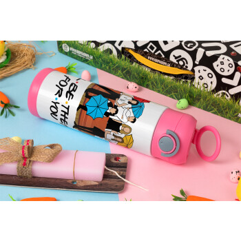 Friends cover, Easter candle, Childrens hot water bottle, stainless steel, with safety straw, PINK (500ml)
