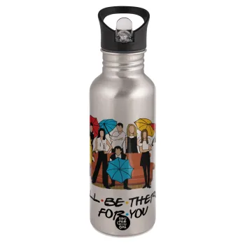 Friends cover, Water bottle Silver with straw, stainless steel 600ml
