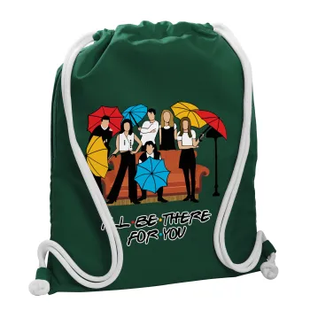 Friends cover, Τσάντα πλάτης πουγκί GYMBAG BOTTLE GREEN, με τσέπη (40x48cm) & χονδρά λευκά κορδόνια
