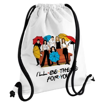 Friends cover, Τσάντα πλάτης πουγκί GYMBAG λευκή, με τσέπη (40x48cm) & χονδρά κορδόνια