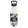 White water bottle with straw, stainless steel 600ml