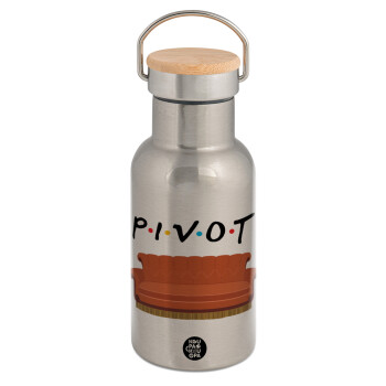 Friends Pivot, Stainless steel metallic thermos flask, silver with a bamboo lid, double-walled, 350ml.