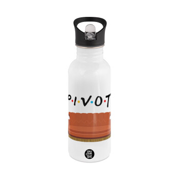 Friends Pivot, White water bottle with straw, stainless steel 600ml