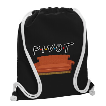 Friends Pivot, Τσάντα πλάτης πουγκί GYMBAG Μαύρη, με τσέπη (40x48cm) & χονδρά λευκά κορδόνια