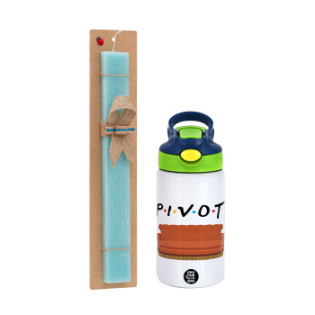 Friends Pivot, Easter Set, Children's thermal stainless steel bottle with safety straw, green/blue (350ml) & aromatic flat Easter candle (30cm) (TURQUOISE)