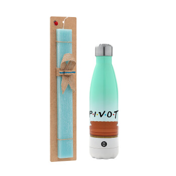 Friends Pivot, Easter Set, Metallic green/white thermos (Stainless steel), double-walled, 500ml & scented flat Easter candle (30cm) (TURQUOISE)
