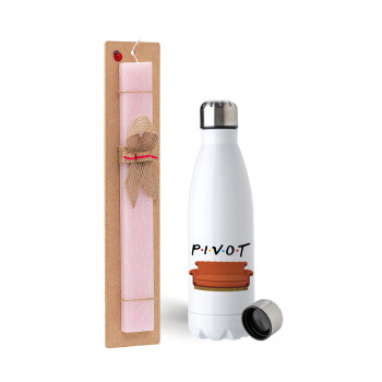Friends Pivot, Easter Set, metallic stainless steel water bottle (750ml) & scented flat Easter candle (30cm) (PINK)