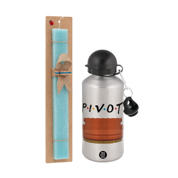 Friends Pivot, Easter Set, metallic silver aluminum water bottle (500ml) & scented flat Easter candle (30cm) (TURQUOISE)