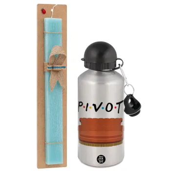 Friends Pivot, Easter Set, metallic silver aluminum water bottle (500ml) & scented flat Easter candle (30cm) (TURQUOISE)