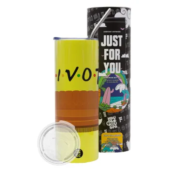 Friends Pivot, Neon Yellow Travel Tumbler θερμό, μεταλλικό καλαμάκι(Ανωξείδωτο 304 Food grade, BPA free, 600ml)
