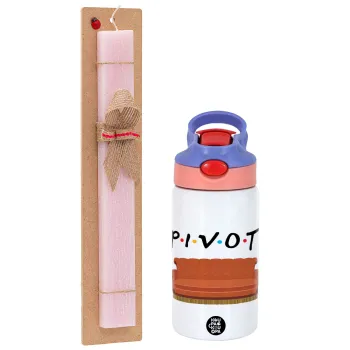 Friends Pivot, Easter Set, Children's thermal stainless steel water bottle with safety straw, pink/purple (350ml) & Easter scented flat candle (30cm) (PINK)