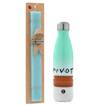 Friends Pivot, Easter Set, Metallic green/white thermos (Stainless steel), double-walled, 500ml & scented flat Easter candle (30cm) (TURQUOISE)