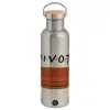 Μεταλλικό παγούρι θερμός (Stainless steel) Ασημένιο με ξύλινο καπακι (bamboo), διπλού τοιχώματος, 750ml
