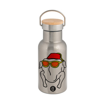 Friends turkey, Stainless steel metallic thermos flask, silver with a bamboo lid, double-walled, 350ml.