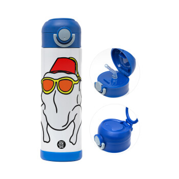 Friends turkey, Children's hot water bottle, stainless steel, with safety straw, BLUE (500ml)