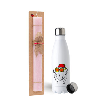 Friends turkey, Easter Set, metallic stainless steel water bottle (750ml) & scented flat Easter candle (30cm) (PINK)