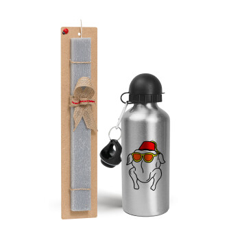 Friends turkey, Easter Set, metallic silver aluminum water bottle (500ml) & aromatic flat Easter candle (30cm) (GRAY)