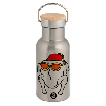 Friends turkey, Μεταλλικό παγούρι θερμός (Stainless steel) Ασημένιο με ξύλινο καπακι (bamboo), διπλού τοιχώματος, 350ml