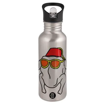 Friends turkey, Water bottle Silver with straw, stainless steel 600ml
