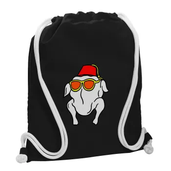 Friends turkey, Backpack pouch GYMBAG Black, with pocket (40x48cm) & thick white cords