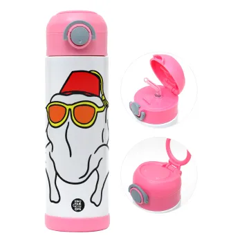 Friends turkey, Children's hot water bottle, stainless steel, with safety straw, PINK (500ml)