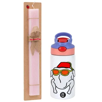 Friends turkey, Easter Set, Children's thermal stainless steel water bottle with safety straw, pink/purple (350ml) & Easter scented flat candle (30cm) (PINK)