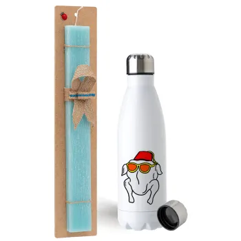Friends turkey, Easter Set, metallic stainless steel water bottle (750ml) & aromatic flat Easter candle (30cm) (TURQUOISE)