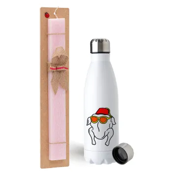 Friends turkey, Easter Set, metallic stainless steel water bottle (750ml) & scented flat Easter candle (30cm) (PINK)