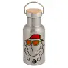 Stainless steel metallic thermos flask, silver with a bamboo lid, double-walled, 350ml.