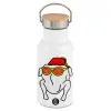 Metallic thermos (Stainless steel) White with wooden lid (bamboo), double-walled, 350ml