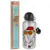 Easter Set, metallic silver aluminum water bottle (500ml) & scented flat Easter candle (30cm) (TURQUOISE)