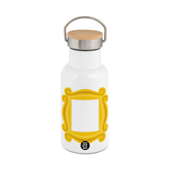 Friends frame, Μεταλλικό παγούρι θερμός (Stainless steel) Λευκό με ξύλινο καπακι (bamboo), διπλού τοιχώματος, 350ml