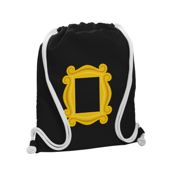 Friends frame, Τσάντα πλάτης πουγκί GYMBAG Μαύρη, με τσέπη (40x48cm) & χονδρά λευκά κορδόνια