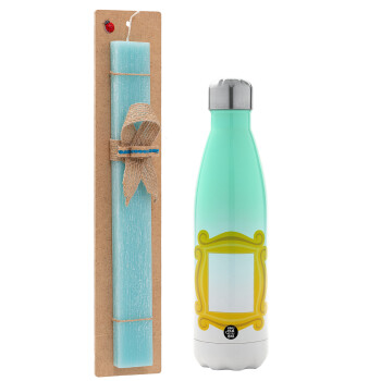 Friends frame, Easter Set, Metallic green/white thermos (Stainless steel), double-walled, 500ml & scented flat Easter candle (30cm) (TURQUOISE)