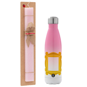 Friends frame, Easter Set, Metallic pink/white (Stainless steel) thermos, double-walled, 500ml & aromatic flat Easter candle (30cm) (PINK)