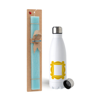 Friends frame, Easter Set, metallic stainless steel water bottle (750ml) & aromatic flat Easter candle (30cm) (TURQUOISE)