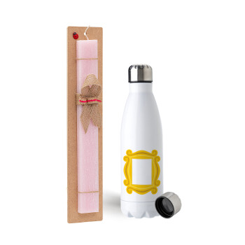 Friends frame, Easter Set, metallic stainless steel water bottle (750ml) & scented flat Easter candle (30cm) (PINK)