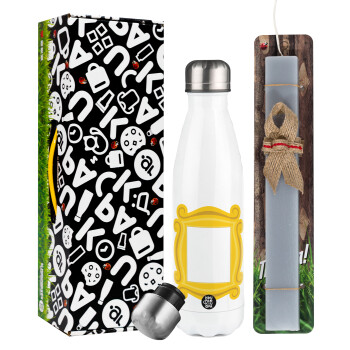 Friends frame, Easter candle, metallic white thermos bottle (500ml) & aromatic flat candle (30cm) (GRAY)