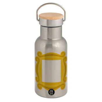 Friends frame, Μεταλλικό παγούρι θερμός (Stainless steel) Ασημένιο με ξύλινο καπακι (bamboo), διπλού τοιχώματος, 350ml