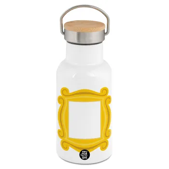 Friends frame, Μεταλλικό παγούρι θερμός (Stainless steel) Λευκό με ξύλινο καπακι (bamboo), διπλού τοιχώματος, 350ml